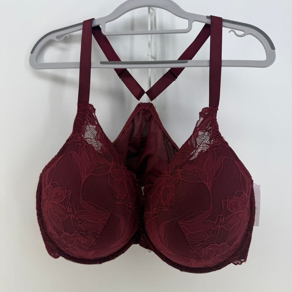 Auden Push-Up Bra Women 44DD Berry Red Lace Front Close Plunge Racerback Floral
